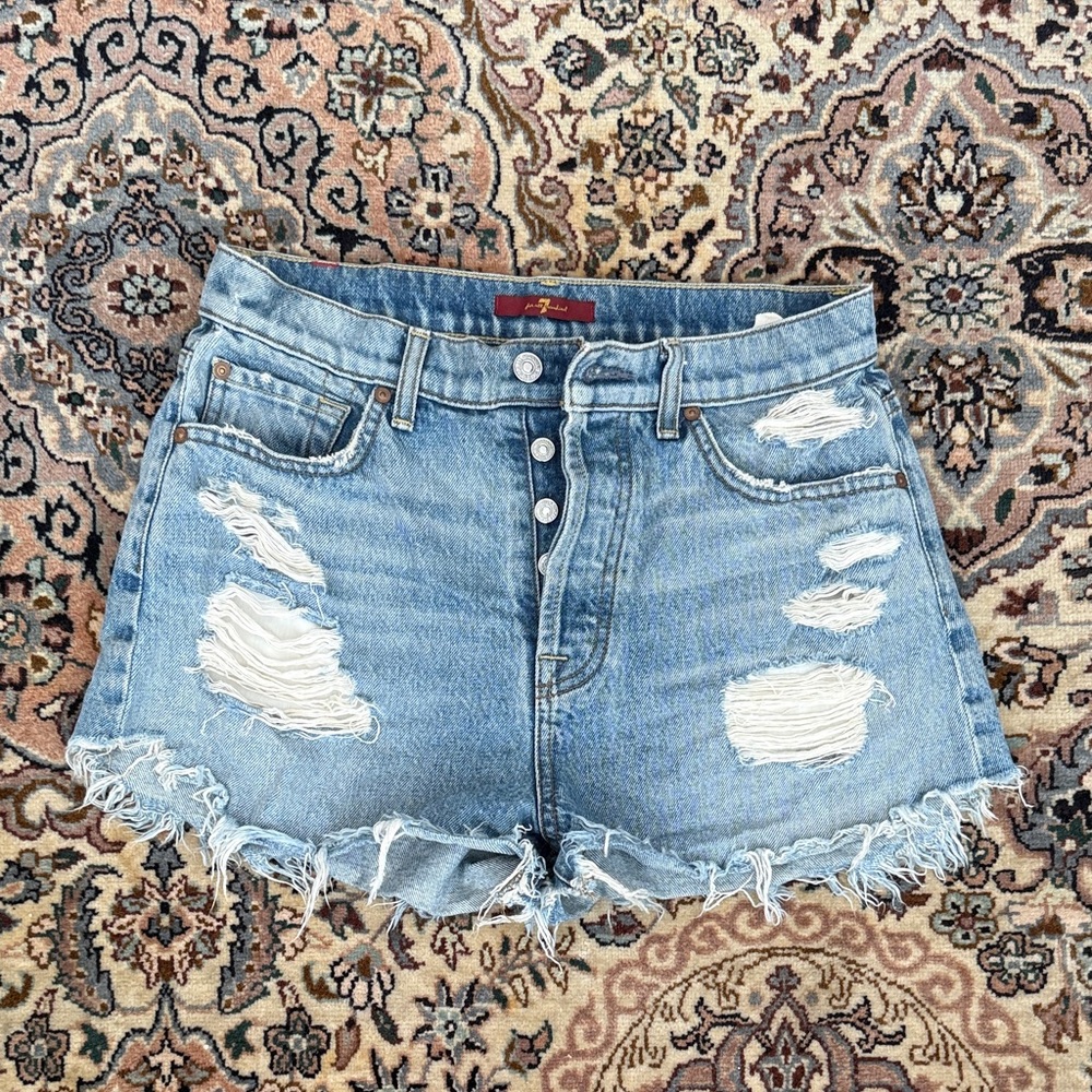 7 for mankind Distressed Light Blue Denim Cutoff Shorts